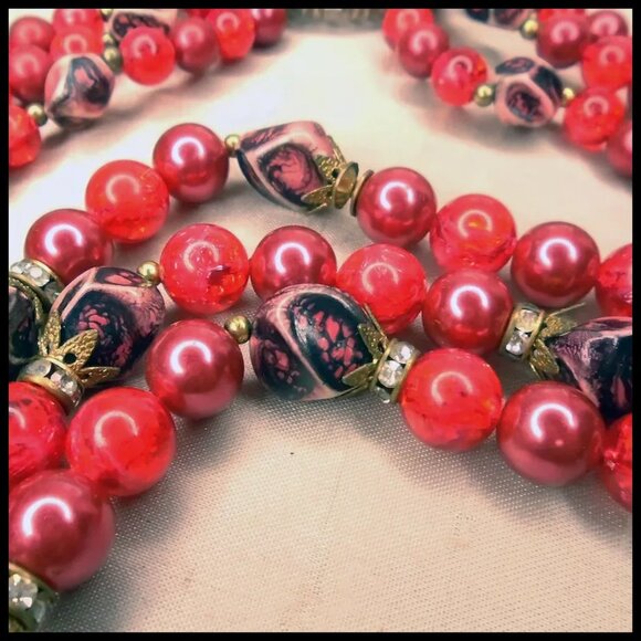 Red Vintage Multi Strand Necklace, Rhinestone Rondelles, Beaded Multistrand - Picture 3 of 14